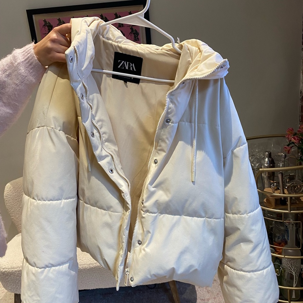 Beige zara puffer jacket coat